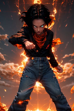 android 17, blue eyes, black hair,parted hair,short hair, black shirt, jeans, layered shirt, white sleeves,orange bandana, blue sneakers, green socks, brown belt, red patch dynamic poses,Hand holding lightning light wave,looking at viewer,(flare lens:1.2), from eye level, (looking upward:0.5), (long shot:0.9), (from below:1.2), ,r1ge