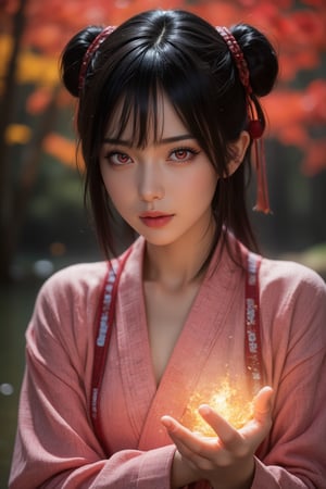 A cyberpunk cyborg maiden stands amidst a tranquil lake setting in a deep forest, surrounded by red and yellow leafed trees. Her black hair flows like night, adorned with vibrant bangs and ornate hair ornaments. Red eyes gleam as she gazes directly at the viewer, her smile subtle yet inviting. A pink kimono wraps around her upper body, its floral print blurring into the surroundings. Cherry blossom petals float on the water's surface, reflecting the setting sun's warm hues. Her hand crackles with fiery energy, a massive fireball power emanating from her palm. The image is set against a blurry background, with an intricate tassel and hair rings adding to her mystical aura. Makeup accentuates her features, eyelashes long and luscious, lips parted as if sharing a secret. The overall composition is a masterful blend of abstraction, fractals, and zentangle patterns, creating an unparalleled work of art that defies the ordinary.