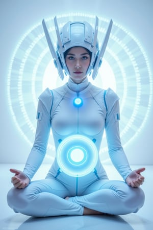 A sleek, minimalistic cosplay helmet with a smooth, streamlined design, featuring a matte white and light blue color scheme. The helmet has a soft blue LED ring at its center with a simple, circular symbol inside, surrounded by additional white and pale blue lights. The side components of the helmet are smooth, with minimal detailing. The figure is wearing a form-fitting, high-tech white bodysuit with subtle blue accents. She is standing in front of a clean, white and light blue hacker-themed background, filled with abstract code, simple digital lines, and soft glowing lights. The helmet's lights cast soft blue and white hues, merging with the minimalistic atmosphere.,(((her hand crackling with huge fire power as she gazes directly at the camera,gentle facial contours poses meditatively in an Indian-inspired cross-legged position. The colorfully neon light of chakra shines through the head, chest, and abdomen, Behind her, a radiant, magical mandala-like aura of glowing, icy patterns spreads out, adding an ethereal and divine presence,)))
