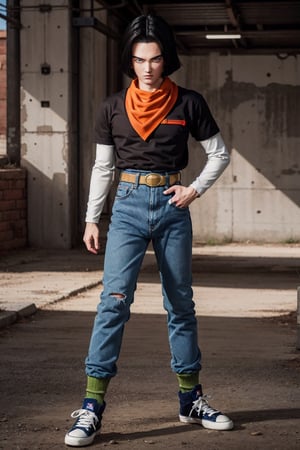 android 17, blue eyes, black hair,parted hair,short hair, black shirt, jeans, layered shirt, white sleeves,orange bandana, blue sneakers, green socks, brown belt, red patch