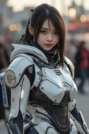 : A futuristic Asian cyborg woman, sans body, connected by a twisted cable and wire harness, gazing charmingly through LED-illuminated eyes. She sports a silver motor armor, ray gun at the ready, with an 80-degree field of view., she dons a Lvdress-inspired Japan Hime-cut style, blending European girl charm with robotic precision. Amidst a bustling Osaka Castle backdrop, where people mingle in the fading light of sunset, this super cool cyborg's hand crackles with immense fireball power. The image boasts ultimate detail, incredible texture, and a masterpiece level of realism, rendered at an astonishing 8k resolution for unparalleled clarity. (Her hand crackles with huge fireball power,)