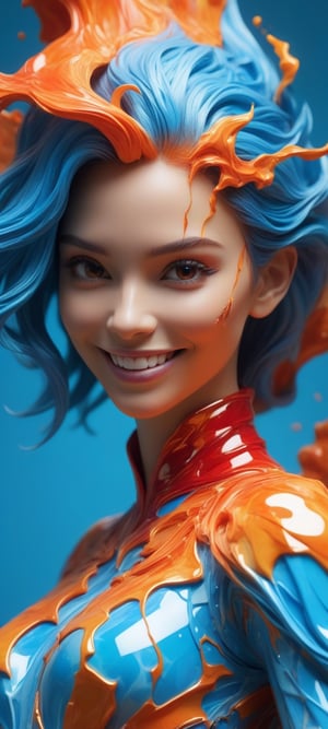 a close up of a person's face on a cracked surface, inspired by Alberto Seveso, featured on zbrush central, orange fire/blue ice duality!, portrait of an android, fractal human silhouette, red realistic 3 d render, blue and orange, subject made of cracked clay, woman, made of lava, smile,(oil shiny skin:1.0), (big_boobs:1.0), willowy, chiseled, (hunky:1.3),(( body rotation -90 degree)), (upper body:1.6),(perfect anatomy, prefecthand, dress, long fingers, 4 fingers, 1 thumb), 9 head body lenth, dynamic sexy pose, breast apart, (artistic pose of awoman),NIJI STYLE,more detail XL,photo r3al,xxmix_girl, fire element,glass shiny style,chrometech,surface imperfections,DonMFr0stP4nkXL,ice,draco_fantasy,snow,frost,1 girl,BrokenIR,mad-marbled-paper,minimalist hologram,LuminescentCL,glow,dripping paint