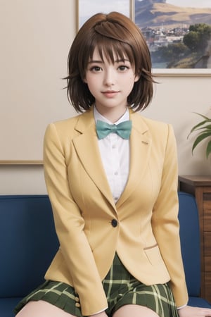 masterpiece, best quality, highres, aariko, short hair, brown eyes, school uniform, blue bowtie, blazer, yellow jacket, long sleeves, plaid skirt, green skirt, , field, wariza, sitting,aariko, (perfect hands, perfect anatomy), ( shiny oil skin:0.9), curved body, dynamic sexy pose, sexy body, (big breast:0.9), 9 head length body, (looking at viewer:1.5), cowboy_shot, male_pov,