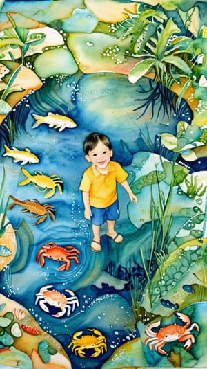 1 boy,solo,Asia boys,wonderful An child room full of water and a boy standing with a variety freshwater fishes,(freshwater area(crab,eel, shrimp, fish,)), waving,(smile:1.2),shuicaixiaodian,watercolor \(medium\),shuicai
