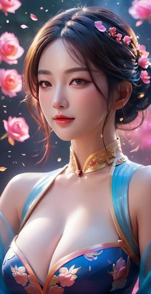 close up angle of (( floating on air)), ( rose petal) , detailed focus, deep bokeh, beautiful, dreamy colors, dark cosmic background. Visually delightful ,3D,more detail XL,dreamwave,More Detail,aesthetic,smile, (oil shiny skin:1.3), (big_boobs:3.2), willowy, chiseled, (hunky:3.5), body rotation 45 degree, (perfect anatomy, prefecthand, blue dress, long fingers, 4 fingers, 1 thumb), 9 head body lenth, dynamic sexy pose, breast apart, (cowbod shot:1.5), (artistic pose of awoman),daxiushan,daxiushan style,hanfu