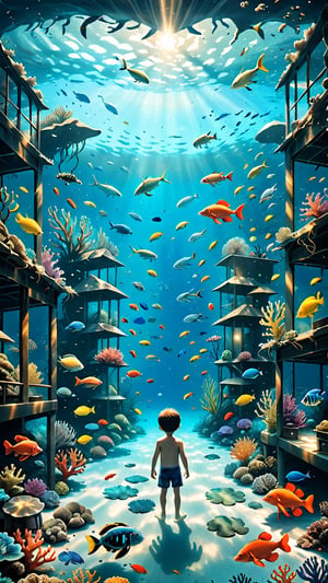 An beautiful room full of water and a boy swimming with a variety fishes,crab, turtle, eel, shrimp, fish,