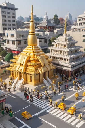 Build a Lego temple world, with many parallel gold chrome Buddha statues on the roadside, crowded real crowds, kaisatsu, STOKYO, station, a lot boys & girls,kaisatsu