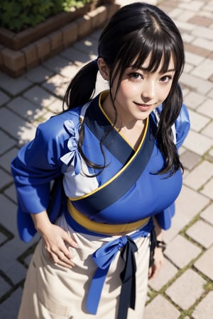 masterpiece, best quality, highres, aatakina, long hair, twintails, black hair, breasts, japanese clothes, (blue kimono:1.2), tasuki, long sleeves, sash, (brown apron:1.2), , hand on hip, smile, outdoors,aatakina,  (perfect hands, perfect anatomy), ( shiny oil skin:1.2), curved body, dynamic sexy pose, sexy body, (gigantic breast:1.2), 9 head length body, looking at viewer, cowboy shot, (from above:1.3),