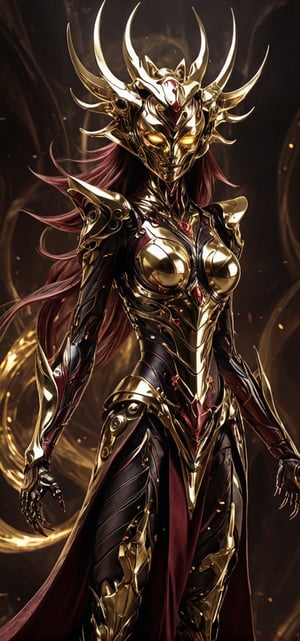 (((Full body portrait))), Futuristic alien woman goddess, Samurai-like mask, in polished chrome armor with glowing reptile-like eyes, gold and burgundy accents, unknown materials, realistic detailed digital painting, cinematic lighting, fantasy, smile,close mouth,looking_at_viewer,(oil shiny skin:1.2), (big_boobs:1.2), willowy, chiseled, (hunky:1.8),(perfect anatomy, prefect hand,), 9 head body lenth, dynamic sexy pose, (artistic pose of awoman),(from_above:1.2),, 4k resolution,futuristic alien,LuminescentCL,abyssaltech 