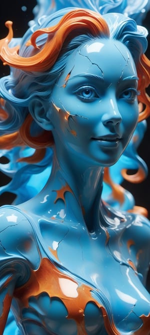 a close up of a person's face on a cracked surface, inspired by Alberto Seveso, featured on zbrush central, orange fire/blue ice duality!, portrait of an android, fractal human silhouette, red realistic 3 d render, blue and orange, subject made of cracked clay, woman, made of lava, smile,(oil shiny skin:1.0), (big_boobs:1.0), willowy, chiseled, (hunky:1.3),(( body rotation -90 degree)), (upper body:1.6),(perfect anatomy, prefecthand, dress, long fingers, 4 fingers, 1 thumb), 9 head body lenth, dynamic sexy pose, breast apart, (artistic pose of awoman),NIJI STYLE,more detail XL,photo r3al,xxmix_girl, fire element,glass shiny style,chrometech,surface imperfections,DonMFr0stP4nkXL,ice,draco_fantasy,snow,frost,1 girl,BrokenIR,mad-marbled-paper,minimalist hologram,LuminescentCL,glow,dripping paint,abstact