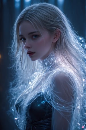 Blond girl, (((ghostly creature:1.5))), (((translucent:1.5))), Mschiffer's art, neon lights RBG, (light particles), bright white, colorful, RBG colors, strong backlit, bokeh,viewed_from_above