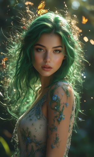 Here is the prompt:

A breathtaking portrait of a stunning 21-year-old hubggirl, bathed in celestial lighting that accentuates her porcelain pale skin and vibrant green locks, which swirl like a mesmerizing vortex. Lavish green leaves surround her, as blue flowers fall from above, casting a whimsical atmosphere. Butterflies dance around her head, while tree branches stretch towards the sky, where golden glowing light illuminates the scene. Water droplets glisten on her skin, capturing the essence of a masterpiece. In front of this enchanting hubggirl stands a dark grey female robot soldier, holding a radiant red sword with both hands, its red LED lights pulsating softly. Dynamic poses and particle effects create an immersive experience, as Canon EOS's finest capture this cinematic moment with Sigma Art Lens 35mm F1.4 precision, ISO 200, Shutter Speed 2000, and vivid color palette.