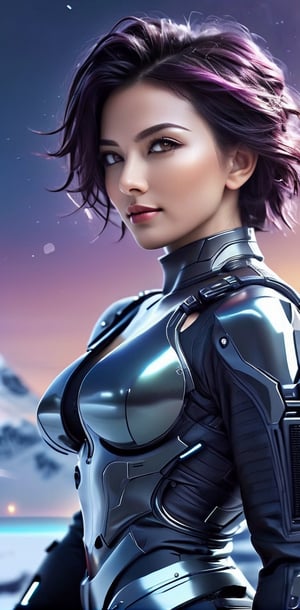 photorealistic, masterpiece, futuristic black tactical suit, special operation agent, beautiful, beautiful dark green eyes, short wave dark purple hair, ((background strong wind blizzard futuristic outpost antarctica)), ((night)), juicy lips, ((various futuristic high tech gadgets)), futuristic high tech gun , off shoulder, crop top, half body,smile, (oil shiny skin:1.0), (big_boobs:1.6), willowy, chiseled, (hunky:1.4),(( body rotation -35 degree)), (upper body:0.8),(perfect anatomy, prefecthand, dress, long fingers, 4 fingers, 1 thumb), 9 head body lenth, dynamic sexy pose, breast apart, (artistic pose of awoman),DonMF41ryW1ng5XL,neotech,NIJI STYLE,Blue Backlight ,photo r3al,cinematic_warm_color,glowing,Leonardo Style,bl1ndm5k,xxmix_girl,scifi