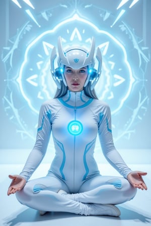 A sleek, minimalistic cosplay helmet with a smooth, streamlined design, featuring a matte white and light blue color scheme. The helmet has a soft blue LED ring at its center with a simple, circular symbol inside, surrounded by additional white and pale blue lights. The side components of the helmet are smooth, with minimal detailing. The figure is wearing a form-fitting, high-tech white bodysuit with subtle blue accents. She is standing in front of a clean, white and light blue hacker-themed background, filled with abstract code, simple digital lines, and soft glowing lights. The helmet's lights cast soft blue and white hues, merging with the minimalistic atmosphere.,(((her hand crackling with huge fire power as she gazes directly at the camera,gentle facial contours poses meditatively in an Indian-inspired cross-legged position. The colorfully neon light of chakra shines through the head, chest, and abdomen, Behind her, a radiant, magical mandala-like aura of glowing, icy patterns spreads out, adding an ethereal and divine presence,)))
