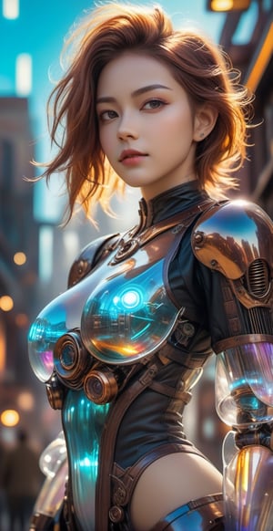 ((medium shot)), (RAW photo, best quality), (realistic, photo-Realistic:1.3), Imagine a beautiful cyborg with a translucent glowing glass body with colorful electronic mecha part and clockwork completely visible through her translucent glass body walking through a futuristic city, flowy hair, fantasy, work of beauty and complexity, 8k UHD, hyperdetailed ultrarealistic face, hazel eyes ,cyborg style, glowing translucent glass, amber glow,steampunk style, glass body, 80mm digital photo , wide_hips, translucent seethrough glass like body,Leonardo Style,cyberpunk style, iridescent glow,glasstech,,smile, (oil shiny skin:1.0), (big_boobs:2.8), willowy, chiseled, (hunky:2.4),(( body rotation -35 degree)), (upper body:0.8),(perfect anatomy, prefecthand, dress, long fingers, 4 fingers, 1 thumb), 9 head body lenth, dynamic sexy pose, breast apart, (artistic pose of awoman),chrometech,Glass Elements,bubbleGL,steampunk