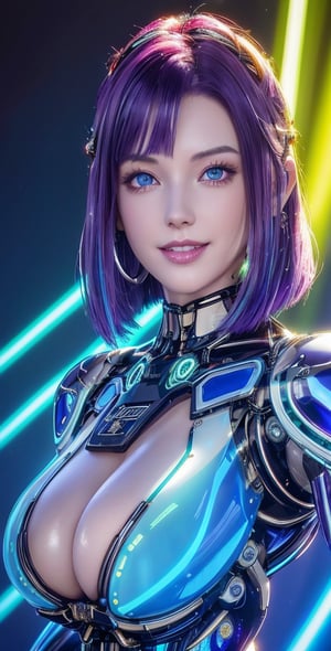 ((, Upper body)) , 1 girl, solo, (deep purple hair,bob cut,multicolored hair,streak hair ,),   (beautiful and aesthetic:1.2), blue eyes, (luminous translucent mechanical robot theme: 1.3),navels ,(glossy silver metallic mechanical specular body with mechanical joints and internal structures visible),lens flare,back lights,necklace,huge earrings, wearing Braided bracelet, fishnet,perfect,cleavage cutout.,yellow background ,smile,,(oil shiny skin:0.8), (big_boobs:1.3), willowy, chiseled, (hunky:1.6),(perfect anatomy, prefect hand,), 9 head body lenth, dynamic sexy pose, (artistic pose of awoman),(from_pov:1.2)