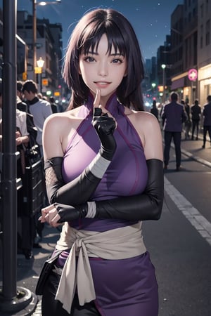 (best quality), (highly detailed), masterpiece, (official art),sumire kakei, smile, long hair, ninja, elbow gloves, bandages, black pants, upper body, looking at viewer, city, night, sky, (intricately detailed, hyperdetailed), blurry background,depth of field, best quality, masterpiece, intricate details, tonemapping, sharp focus, hyper detailed, trending on Artstation,1 girl, high res, official art, shiny oil skin:1.4), fishnet, (gigantic breast:0.9), (dynamic view:1.8), dynamic pose, More Detail, 