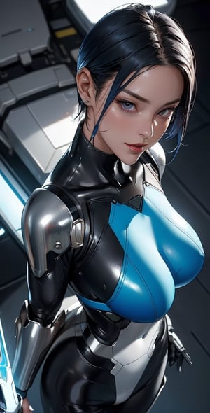 upper body,1girl , beautiful 28 yo , blue hair, sweaty,short hair,straight hair,colorful and vibrant. high quality, long hair, ((a futuristic woman with long dark hair, wearing a sleek, silver bodysuit and advanced mechanical armor, holding a high-tech weapon. The setting is a bright, minimalist environment with a sci-fi aesthetic. The woman's pose is dynamic, showcasing her power and the intricate design of her cybernetic enhancements.)),,
 ,blurry backgrounds,
smile,close mouth,looking_at_viewer,(oil shiny skin:1.2), (big_boobs:1.2), willowy, chiseled, (hunky:1.4),(perfect anatomy, prefect hand,), 9 head body lenth, dynamic sexy pose, (artistic pose of awoman),(from_above:1.3)