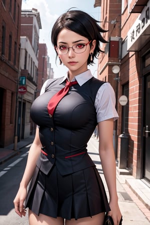 masterpiece, best quality, highres, 1girl, sarada, jewelery, earrings, solo, glasses, red eyes, cowboy shot, black hair, short hair, school uniform,(breast cleavage:0.8),middle _breast,