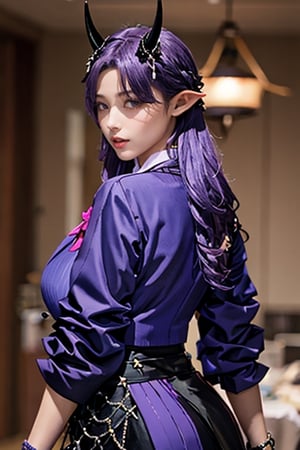 masterpiece, best quality,aahibis, long hair, purple hair, braid, pointy ears, horns, black necktie, purple shirt, black jacket, open clothes, pink flower, long sleeves, bracelet, black gloves, half gloves, black skirt, black pantyhose,(perfect hands, perfect anatomy), ( shiny oil skin:0.9), curved body, dynamic sexy pose, sexy body, (gigantic breast:0.9), 9 head length body, looking at viewer, upper_body ,More Detail,from_behind,aachiya,aahibis