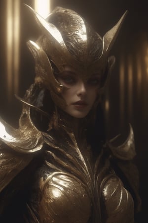 (((Full body portrait))), Futuristic alien woman goddess, Samurai-like mask, in polished chrome armor with glowing reptile-like eyes, gold and burgundy accents, unknown materials, realistic detailed digital painting, cinematic lighting, fantasy, character design by Craig Mullins and H. R. Giger, 4k resolution,futuristic alien