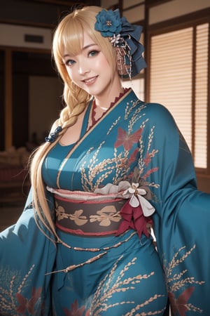 masterpiece, best quality, highres, bbpeco, ahoge, single braid, hair over shoulder, hair ornament, hair flower, blue flower, fur trim, japanese clothes, (blue kimono:1.5), print kimono, wide sleeves,smile, indoors, smile, (blond hair:1.5), (perfect hands, perfect anatomy), ( shiny oil skin:1.3), thin waist, curved body, dynamic sexy pose, sexy body, (gigantic breast:0.8), 9 head length body, looking at viewer, (cowboy shot:1.3), male_pov