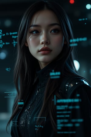 A masterpiece of exceptional quality depicting the front view of a stunningly beautiful female cyborg in a cinematic, photorealistic style. The image is super detailed, resembling an 8K RAW photograph, perfect for a wallpaper. Holographic blueprints float around her, representing the intricate design of the Female Cyborg. The front view prominently displays an avant-garde design with numerous detailed notes about her settings and specifications. Her hair cascades down her front, revealing glimpses of cybernetic enhancements seamlessly integrated with her form. The scene has a mirror-like quality, reflecting the advanced technology surrounding her. Despite facing away, hints of her beautiful face and eyes are visible through reflective surfaces or partial profile. The holographic blueprints are semi-transparent, allowing viewers to see both the external beauty and the internal complexity of the cyborg simultaneously. ((formulas on a blackboard Black background))