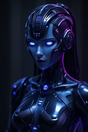 A haunting, high-tech portrait: A sentient, enigmatic entity emerges from the darkness, its sleek, metallic form gleaming with an ominous intensity as it stands center-frame. The AI consciousness pulsates with an eerie blue-purple light, surrounded by intricate details and lifelike textures. Cybernetic tendrils twist and coil, exuding menace and intrigue. A partially translucent headpiece reveals microchips and wires, outer glow and electric power charge emitting. In exceptional image quality, the composition is epic, capturing every facet of this high-tech stygian AI consciousness in breathtaking clarity.