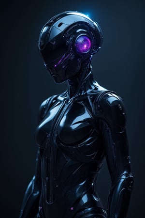 A haunting, high-tech portrait: A sentient, enigmatic entity emerges from the darkness, its sleek, metallic form gleaming with an ominous intensity as it stands center-frame. The AI consciousness pulsates with an eerie blue-purple light, surrounded by intricate details and lifelike textures. Cybernetic tendrils twist and coil, exuding menace and intrigue. A partially translucent headpiece reveals microchips and wires, outer glow and electric power charge emitting. In exceptional image quality, the composition is epic, capturing every facet of this high-tech stygian AI consciousness in breathtaking clarity.