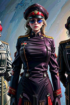 (dominoop:1.2), (sexy girl, blonde_hair,long hair,sun glasses, uniform, hat), portrait, epic realistic, 8k, best quality, real picture, intricate details, ultra-detailed, ultra highres, depth field,(photorealistic,realistic:1.2),masterpiece, , 1 girl, portrait of beautifull, solo, bare_arms, v-shaped_eyebrows, closed_mouth, serious, frown, sky, fighting_stance, volumetric lighting, best quality, masterpiece, intricate details , tonemapping, faded, (neutral colors:1.2), (hdr:1.4), (muted colors:1.2), hyperdetailed, (artstation:1.4), cinematic, warm lights, dramatic light, (intricate details:1.1), complex background , (rutkowski:0.66), fishnet,(teal and orange:0.4),Domino, (shiny oil skin:0.8), (dynamic pose:1.5), dynamic view,dynamic pose, warship, ocean, bow, sun, cloud_scape,Unique Masterpiece, perfect anatomy,imperial elder sister, (Military uniform: 1.8) , warlord coat,Canvas material,redcoat,cptMarvel