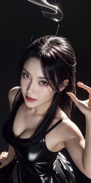 Upper body ,1girl ,beautiful 28 yo girl,dark purple hair,long hair,straight_hair,((Best quality, 8k, 32k, masterpiece,RAW photo, (realistic, photo-realistic:1.3),best quality,highly detailed,masterpiece,ultra-detailed)) a 1girl, standing, spell casting, , (gold headphone:1.0), black short hair, floating_hair, shaded face, black sundress, bare arms, ((black Fog comes out of my hands, Inky black magic mist effects, black magic aura)), gray background,, 
 ,blurry background,smile,,(oil shiny skin:1.2), ((big_boobs)),sunny,claiming,willowy, chiseled, (hunky:1.6),(perfect anatomy, prefect hand,), 9 head body lenth, dynamic sexy pose, (artistic pose of awoman),(upper body,from_above:1.3),