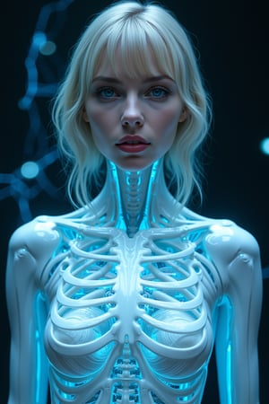 The image is of a surreal female cyborg who somewhat resembles taylor swift.  tayswift .She has a delicate open work exoskeleton with complex mechanism. She is the ultimate in alien engineering and design. Mixture of organic muscles and glossy white porcelain. The cyborg is covered in intricate patterns and designs. smooth porcelain surface. the image resembles Miki Asai Macro photography, The porcelain surface is smooth and glossy and picks up the reflections from the light that is cast upon it. , her insides are highly detailed, with realistic features and textures. The background is dark. dramatic and cinematic in its appearance, lighting, HDR, masterpiece, trending on artstation, smooth, sharp, the image is full of intresting features and has a good degree of contrast between the tones within the image, creating glowing flowers spelling out the words "flux", glowing blue light, dynamic color, there is flowers scattered around her, depth of field, dynamic angle, (her Cyborg,with her Rib Cage made of only glass.Neon light of cables and gears inside the glass body ),((her hand crackling with huge electricity power as she gazes directly at the camera)). high-gloss skin, reflecting light. Her insides burst with realistic textures and features, A dynamic angle captures the depth of field, as LED lights spell out flux amidst a dreamscape of surreal beauty.