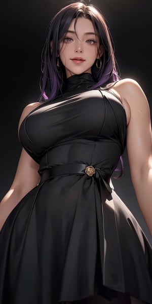 Upper body ,1girl ,beautiful 28 yo girl,dark purple hair,long hair,straight_hair,((Best quality, 8k, 32k, masterpiece,RAW photo, (realistic, photo-realistic:1.3),best quality,highly detailed,masterpiece,ultra-detailed)) a 1girl, standing, spell casting, , (gold headphone:1.0), black short hair, floating_hair, shaded face, black sundress, bare arms, ((black Fog comes out of my hands, Inky black magic mist effects, black magic aura)), gray background,, 
 ,blurry background,smile,,(oil shiny skin:1.2), ((big_boobs)),sunny,claiming,willowy, chiseled, (hunky:1.6),(perfect anatomy, prefect hand,), 9 head body lenth, dynamic sexy pose, (artistic pose of awoman),(upper body,from_below:1.3),