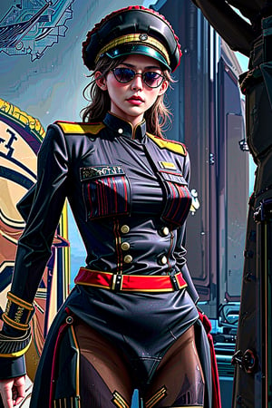 (dominoop:1.2), (sexy girl, blonde_hair,long hair,sun glasses, uniform, hat), portrait, epic realistic, 8k, best quality, real picture, intricate details, ultra-detailed, ultra highres, depth field,(photorealistic,realistic:1.2),masterpiece, , 1 girl, portrait of beautifull, solo, bare_arms, v-shaped_eyebrows, closed_mouth, serious, frown, sky, fighting_stance, volumetric lighting, best quality, masterpiece, intricate details , tonemapping, faded, (neutral colors:1.2), (hdr:1.4), (muted colors:1.2), hyperdetailed, (artstation:1.4), cinematic, warm lights, dramatic light, (intricate details:1.1), complex background , (rutkowski:0.66), fishnet,(teal and orange:0.4),Domino, (shiny oil skin:0.8), (dynamic pose:1.5), dynamic view,dynamic pose, warship, ocean, bow, sun, cloud_scape,Unique Masterpiece, perfect anatomy,imperial elder sister, (Military uniform: 1.8) , warlord coat,Canvas material,redcoat,cptMarvel,High detailed ,Color magic
