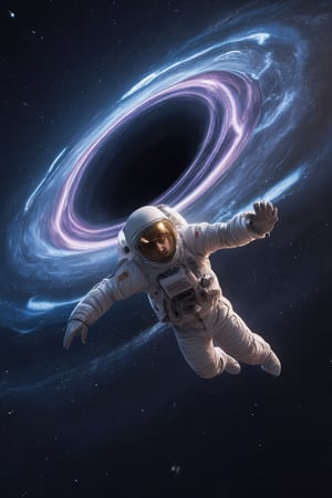 upper body,A highly detailed 5K, cinematic photograph of a dramatic 3D illustration, set against a vast, starry space background, depicting a massive, swirling black hole with vibrant, electric blue and purple hues, its event horizon warping and twisting the fabric of space-time. In the foreground, a lone astronaut, clad in a sleek, white spacesuit with a reflective, gold-tinted visor, is plummeting headfirst towards the black hole's void, their body stretched out in a desperate, futile attempt to escape the gravitational pull. The astronaut's facial features are obscured by the visor, but their skin tone is a warm, golden brown. The image is rendered in a gritty, realistic science fiction style, with subtle, filmic grain and textures that evoke a sense of unease and cosmic horror.looking at veiwer,astronaut is closely viewer.