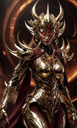 (((Full body portrait))), Futuristic alien woman goddess, Samurai-like mask, in polished chrome armor with glowing reptile-like eyes, gold and burgundy accents, unknown materials, realistic detailed digital painting, cinematic lighting, fantasy, smile,close mouth,looking_at_viewer,(oil shiny skin:1.2), (big_boobs:1.2), willowy, chiseled, (hunky:1.8),(perfect anatomy, prefect hand,), 9 head body lenth, dynamic sexy pose, (artistic pose of awoman),(from_above:1.2),, 4k resolution,futuristic alien,LuminescentCL,abyssaltech 