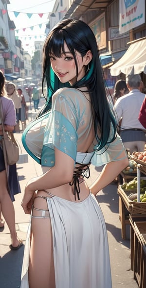 upper body,1girl , beautiful 28 yo , blue hair, sweaty,long hair,straight hair,colorful and vibrant. high quality, long hair, ((short black hair, bangs, three scars on left cheek, smiling, slender, large breasts, wearing sheer white peasant blouse, leather corset, long green skirt, hands behind back, leaning to the side, in a town market,)),,
 ,blurry backgrounds,
smile,close mouth,looking_at_viewer,(oil shiny skin:1.2), (big_boobs:1.2), willowy, chiseled, (hunky:1.4),(perfect anatomy, prefect hand,), 9 head body lenth, dynamic sexy pose, (artistic pose of awoman),(from_pov:1.3)