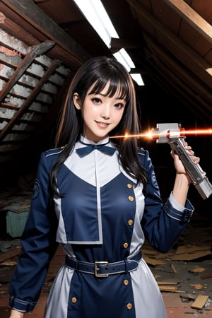 masterpiece, best quality, highres, aatakina, long hair, black hair, neck ribbon, collared shirt, lycoris uniform, two-tone dress, blue dress, grey dress, long sleeves, belt, , holding weapon,aim,(abandoned attic background :1.5),(long laser gun:1.5), ruins, wall, (smile:1.2), (perfect hands, perfect anatomy), ( shiny oil skin:1.3), curved body, dynamic sexy pose, sexy body, (gigantic breast:0.8), 9 head length body, looking at viewer, upper body,male_pov, lace choker,aatakina, breasts, two,tone dress,gun