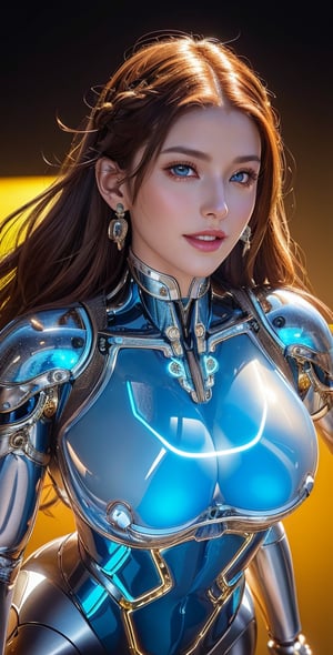 Upper body ,1girl ,beautiful 28 yo girl,brown hair, curvly_hair,muticolored hair ,((Best quality, 8k, 32k, masterpiece,RAW photo, (realistic, photo-realistic:1.3),best quality,highly detailed,masterpiece,ultra-detailed)), blue eyes, (luminous translucent mechanical robot theme: 1.3),navels ,(glossy silver metallic mechanical specular body with mechanical joints and internal structures visible),lens flare,back lights,necklace,huge earrings, wearing Braided bracelet, fishnet,perfect,cleavage cutout.,yellow background ,smile,,(oil shiny skin:0.8), (big_boobs:1.3), willowy, chiseled, (hunky:1.6),(perfect anatomy, prefect hand,), 9 head body lenth, dynamic sexy pose, (artistic pose of awoman),(from_below:1.2)