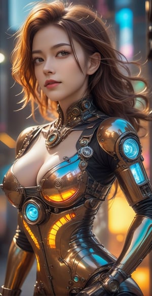 ((medium shot)), (RAW photo, best quality), (realistic, photo-Realistic:1.3), Imagine a beautiful cyborg with a translucent glowing glass body with colorful electronic lighting and clockwork completely visible through her translucent glass body walking through a futuristic city, flowy hair, fantasy, work of beauty and complexity, 8k UHD, hyperdetailed ultrarealistic face, hazel eyes ,cyborg style, glowing translucent glass, amber glow,steampunk style, glass body, 80mm digital photo , wide_hips, translucent seethrough glass like body,Leonardo Style,cyberpunk style, iridescent glow,glasstech,,smile, (oil shiny skin:1.0), (big_boobs:2.6), willowy, chiseled, (hunky:2.4),(( body rotation -35 degree)), (upper body:0.8),(perfect anatomy, prefecthand, dress, long fingers, 4 fingers, 1 thumb), 9 head body lenth, dynamic sexy pose, breast apart, (artistic pose of awoman),chrometech,Glass Elements,bubbleGL,steampunk