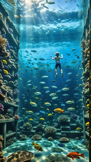 An beautiful room full of water and a boy swimming with a variety fishes,crab, turtle, eel, shrimp, fish,