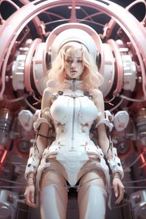 Best quality,masterpiece,ultra high res,(photorealistic:1.4),masterpiece,(bestquality),hyper-detailed,ultra-detailed,(1 girl:1.2),white bodysuit,(blond hair:1.4),long hair,mecha girl,headphones,glass helmet,bare shoulders,(cybernetic),(mecha suit),(futuristic),(combat attire),(mix of organic and inorganic),(exposed circuitry),(glowing eyes),(massive scale),(mono-eyed),(weaponized),(gleaming metal),(futuristic background),(mechanical beauty),(technology wonder),full body,,,,,angelawhite,glowing body,mecha musume, smile, (oil shiny skin:1.3), (big breast:1.2), (perfect anatomy, prefecthand, dress, long fingers, 4 fingers, 1 thumb), 9 head body lenth, dynamic sexy pose, breast apart, (cowboy shot:1.0), looking at viewer, (viewed_from_below:1.3),