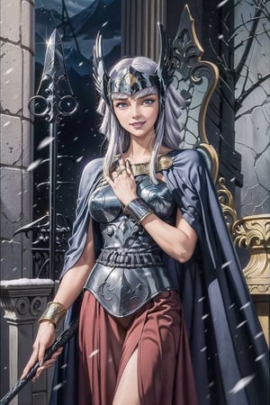 ((best quality)), ((highly detailed)), masterpiece, ((official art)), (cowboy shot), hilda, white hair, long hair, blue eyes, makeup, (smile:1.2),(closed mouth),(lips), purple lips, lipstick,pose, sparkle, rose, polearm, staff, spear, blue rose,cape, armor, bracelet, ring, glowing, lipstick, purple nails, jewelry, long skirt, red skirt,dress, helmet,  valkyrie ,best quality, masterpiece, intricate details, scenary, indoors, balcony  castle , ice, mountain, snow, falling_snow, trending on Artstation