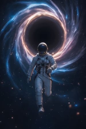 Upper body,A breathtaking 5K cinematic photograph: the upper body of a lone astronaut in a sleek white spacesuit, visor glinting gold, hurtles towards a massive swirling black hole against a starry space backdrop. The event horizon warps space-time with vibrant blue and purple hues. The astronaut's run away to escape gravity. Framed against the void, their proximity to the viewer creates an unsettling sense of unease.