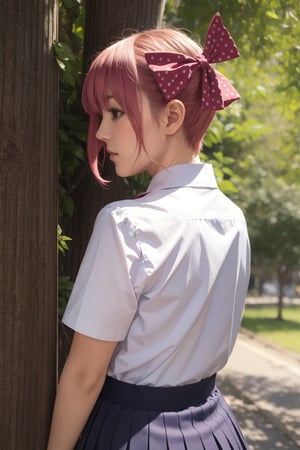 aaichika, short hair, two side up, hair bow, polka dot bow, serafuku, sailor collar, sailor shirt, short sleeves, black skirt,acient huge tree background,(perfect hands, perfect anatomy), ( shiny oil skin:0.7), curved body, dynamic sexy pose, sexy body, (gigantic breast:0.6), 9 head length body, looking at viewer, upper_body ,More Detail,from_behind,collared shirt