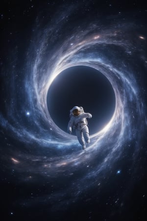 Upper body,A breathtaking 5K cinematic photograph: the upper body of a lone astronaut in a sleek white spacesuit, visor glinting gold, hurtles towards a massive swirling black hole against a starry space backdrop. The event horizon warps space-time with vibrant blue and purple hues. The astronaut's run away to escape gravity. Framed against the void, their proximity to the viewer creates an unsettling sense of unease.