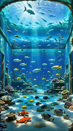 An child dream room full of water and a boy swimming with a variety fishes,crab, turtle, eel, shrimp, fish,