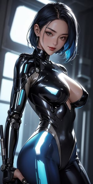 upper body,1girl , beautiful 28 yo , blue hair, sweaty,short hair,straight hair,colorful and vibrant. high quality, long hair, ((a futuristic woman with long dark hair, wearing a sleek, silver bodysuit and advanced mechanical armor, holding a high-tech weapon. The setting is a bright, minimalist environment with a sci-fi aesthetic. The woman's pose is dynamic, showcasing her power and the intricate design of her cybernetic enhancements.)),,
 ,blurry backgrounds,
smile,close mouth,looking_at_viewer,(oil shiny skin:1.2), (big_boobs:1.2), willowy, chiseled, (hunky:1.4),(perfect anatomy, prefect hand,), 9 head body lenth, dynamic sexy pose, (artistic pose of awoman),(from_pov:1.3)