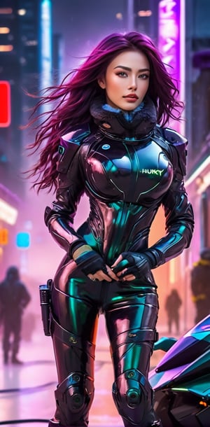 photorealistic, masterpiece, futuristic black tactical suit, special operation agent, beautiful, beautiful dark green eyes, long purple hair, ((background strong wind blizzard futuristic outpost antarctica)), ((night)), juicy lips, ((various futuristic high tech gadgets)), futuristic high tech gun , off shoulder, crop top, half body,smile, (oil shiny skin:1.0), (big_boobs:1.6), willowy, chiseled, (hunky:1.4),(( body rotation -35 degree)), (upper body:0.8),(perfect anatomy, prefecthand, dress, long fingers, 4 fingers, 1 thumb), 9 head body lenth, dynamic sexy pose, breast apart, (artistic pose of awoman),neon style