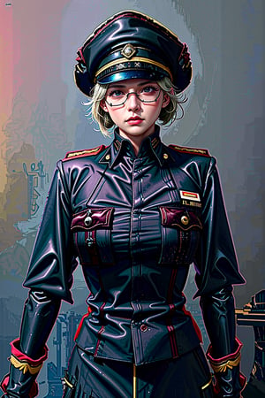 (dominoop:1.2), (sexy girl, blonde_hair,long hair, glasses, uniform, hat), portrait, epic realistic, 8k, best quality, real picture, intricate details, ultra-detailed, ultra highres, depth field,(photorealistic,realistic:1.2),masterpiece, , 1 girl, portrait of beautifull, solo, bare_arms, v-shaped_eyebrows, closed_mouth, serious, frown, sky, fighting_stance, volumetric lighting, best quality, masterpiece, intricate details , tonemapping, faded, (neutral colors:1.2), (hdr:1.4), (muted colors:1.2), hyperdetailed, (artstation:1.4), cinematic, warm lights, dramatic light, (intricate details:1.1), complex background , (rutkowski:0.66), fishnet,(teal and orange:0.4),Domino, (shiny oil skin:1.1), (dynamic pose:1.5), dynamic view,dynamic pose, warship, ocean, bow, sun, cloud_scape,Unique Masterpiece, perfect anatomy,imperial elder sister, (Military uniform: 1.8) , warlord coat,Canvas material,
